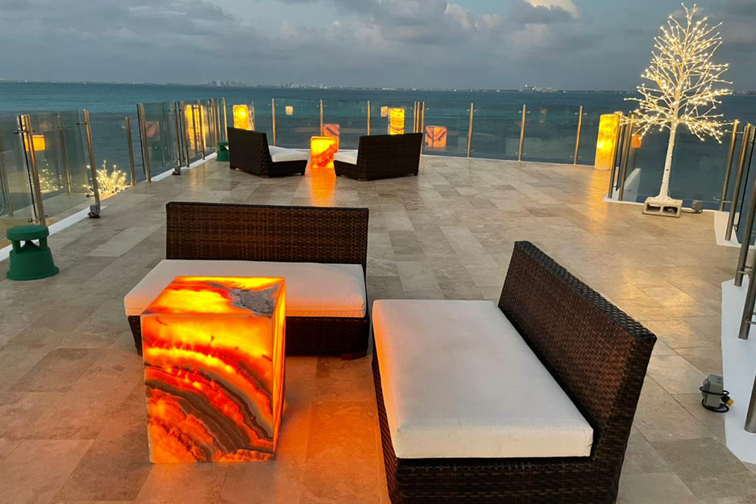Villa Delfines exterior at sunset